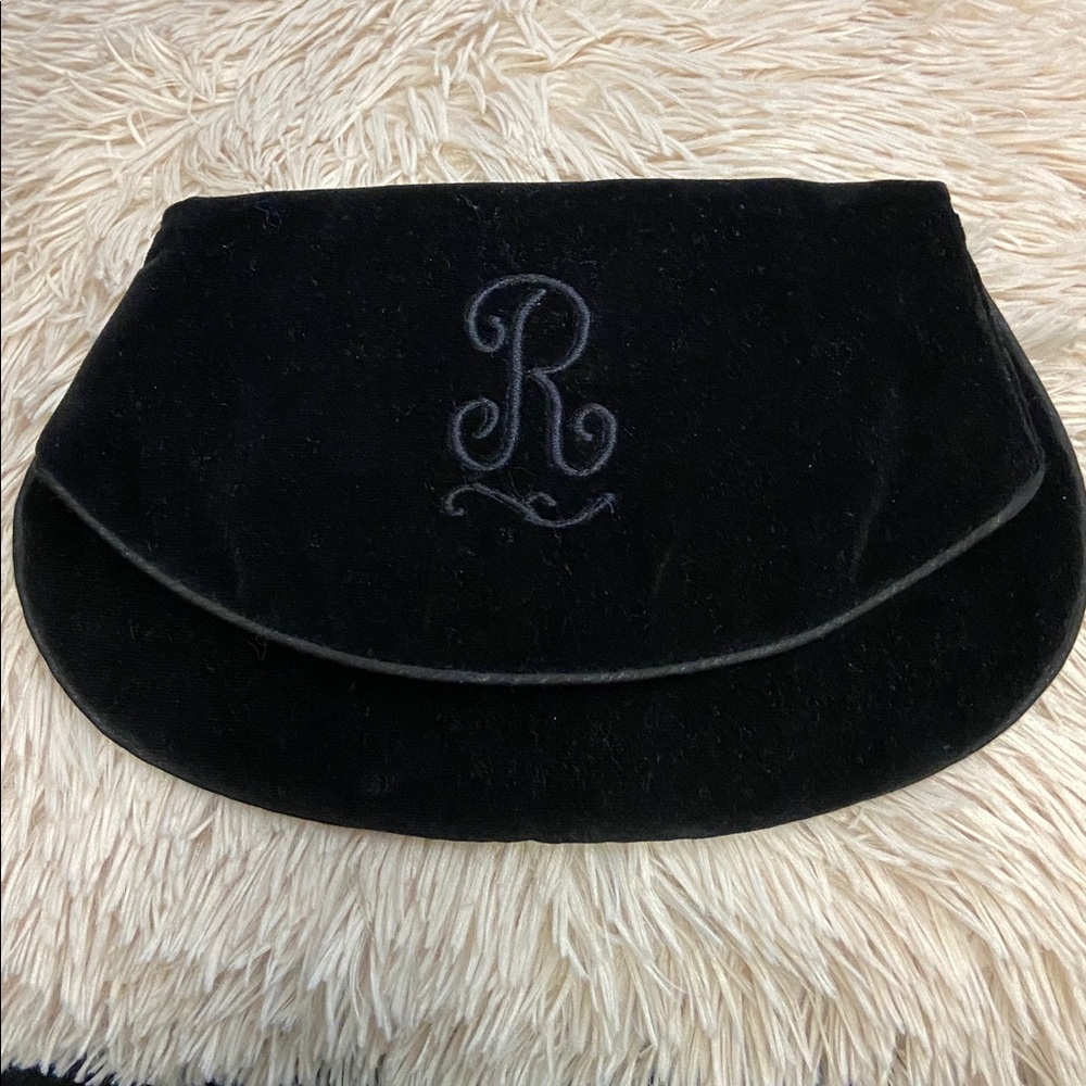 Black velvet clutch embroidered R foldover travel pouch for jewelry Pickpocket